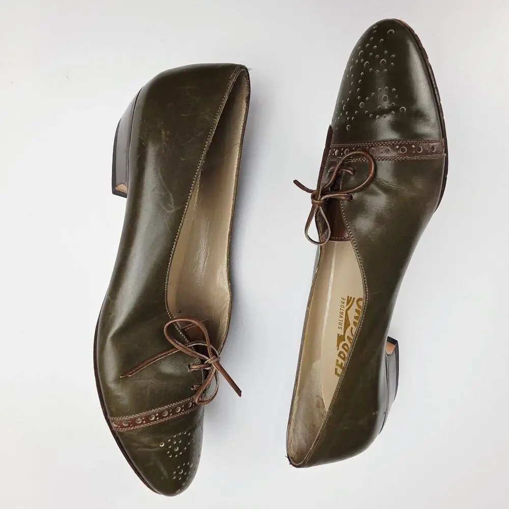 70's Salvatore Ferragamo Olive Green Leather Brogue Wingtip Lace-up Oxfords 7AA